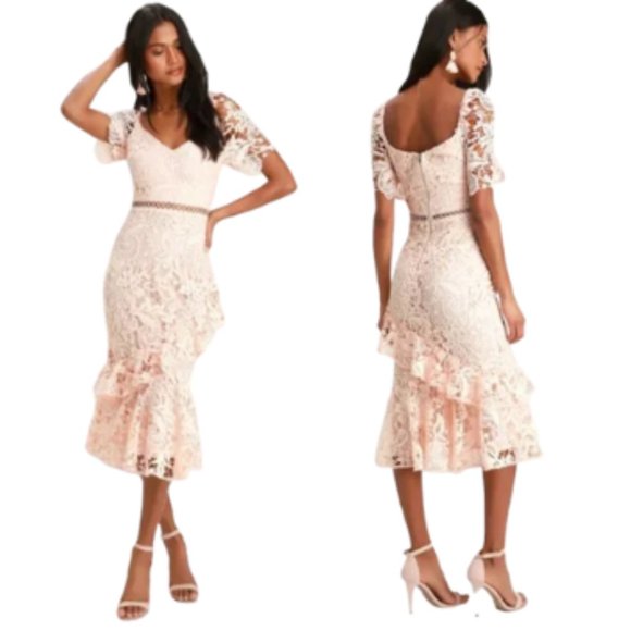 Lulus Dresses & Skirts - LULUS Lace Midi Dress Small Briarwood Blush Pink Ruffled Sweetheart Neckline
